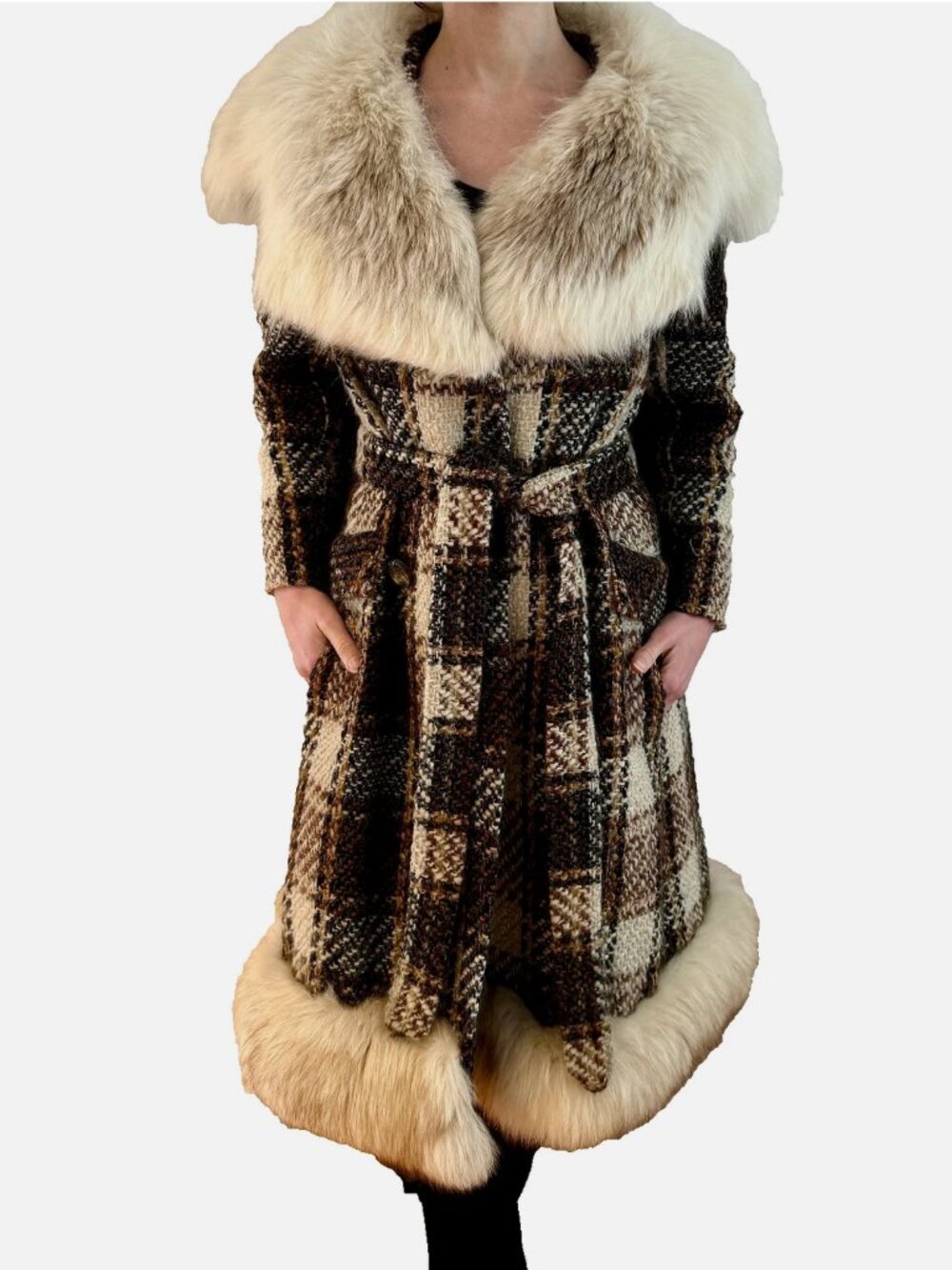 Genuine Fur Coat Vintage Luxury Fox Plaid Penny Lane Princess Hollywood Swing